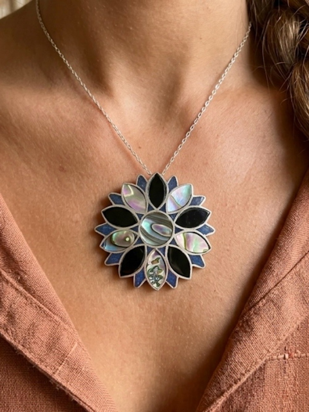 Vintage Taxco Sterling Silver Abalone Onyx Flower Pendant Brooch Eagle 3 Signed